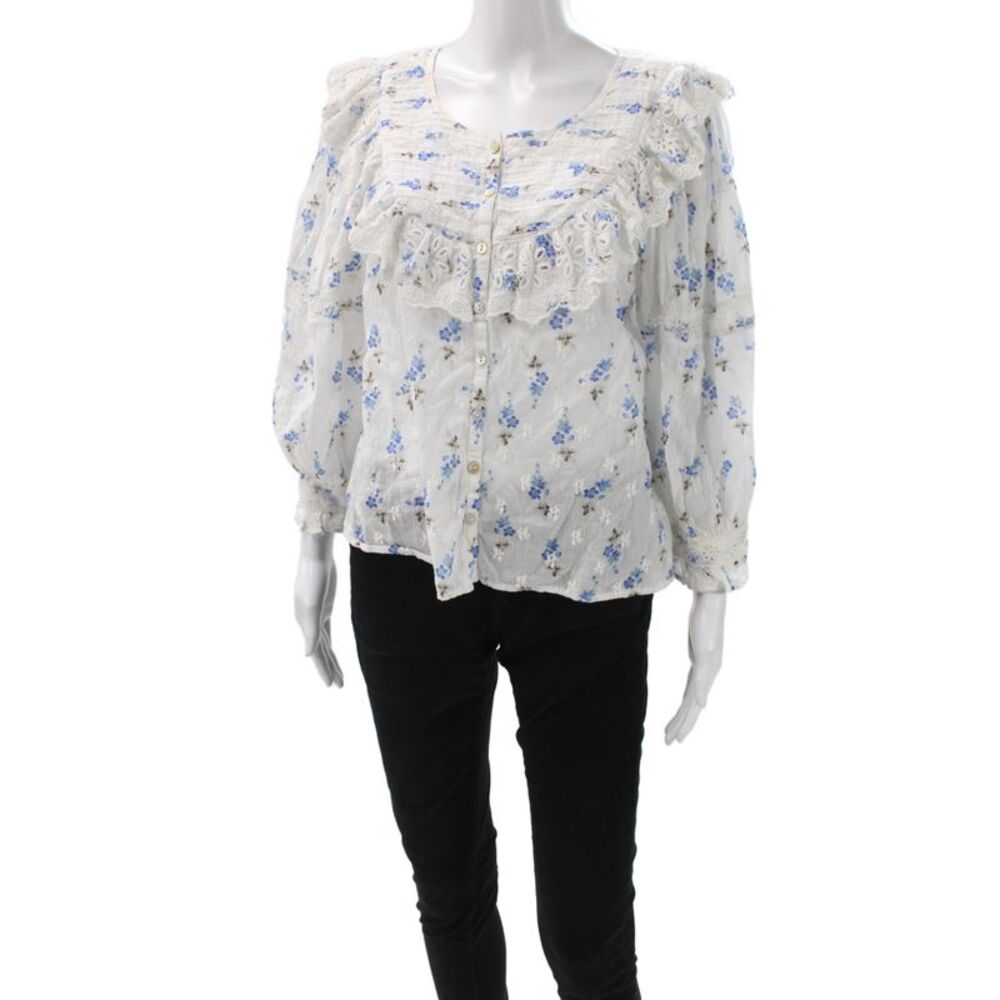 Love Shack Fancy Women White Floral Button-Up Blouse 3/4 Sleeve Size L